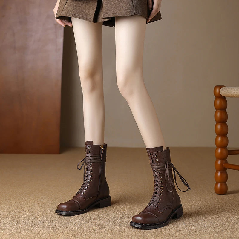 2025 New Autumn Winter Genuine Leather Women Shoes Lace-up Chelsea Women Boots Ankle Boots Chunky Boots Western Women Shoes