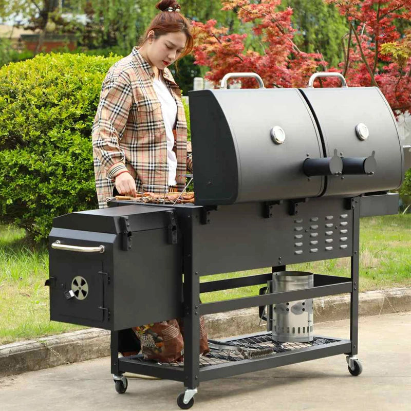Grill Burner Gas & Charcoal Outdoor with Side Smoker Coated Finish for Family Gatherings