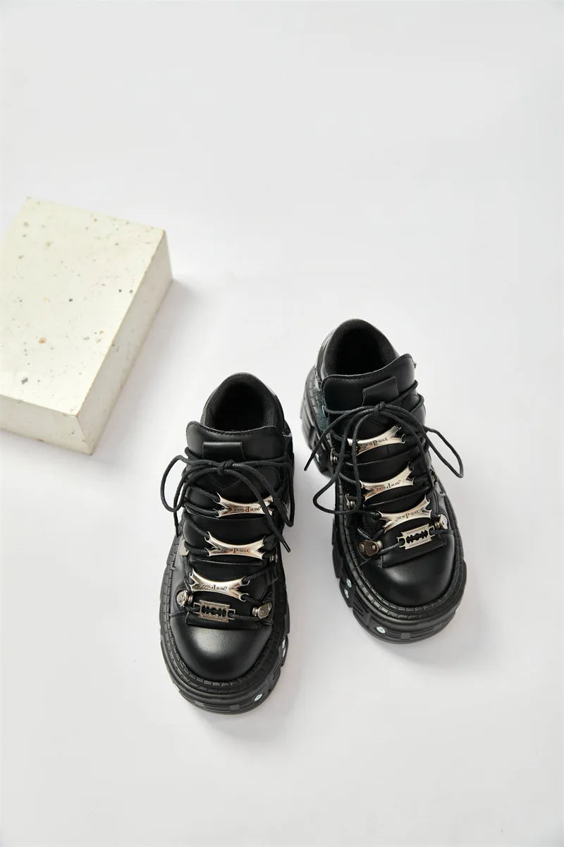 2025 New Punk Style Women Black Rock Metal Decor Lace-up Heel Height Platform Shoes Gothic Man Sneakers Women Ankle Boots