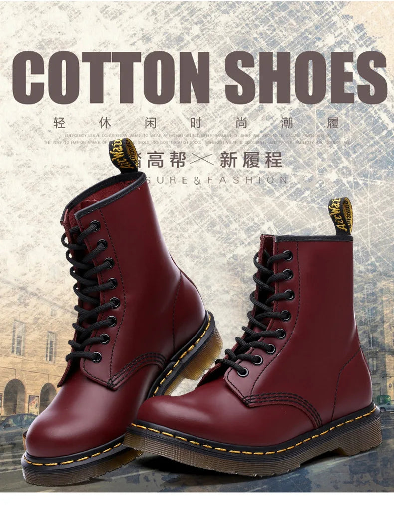 Couple Boots Men Genuine Leather Men's Motorcycle Shoes Breathable Waterproof Anti-Slip Warm Cotton Women's Fashion Ankle Boots