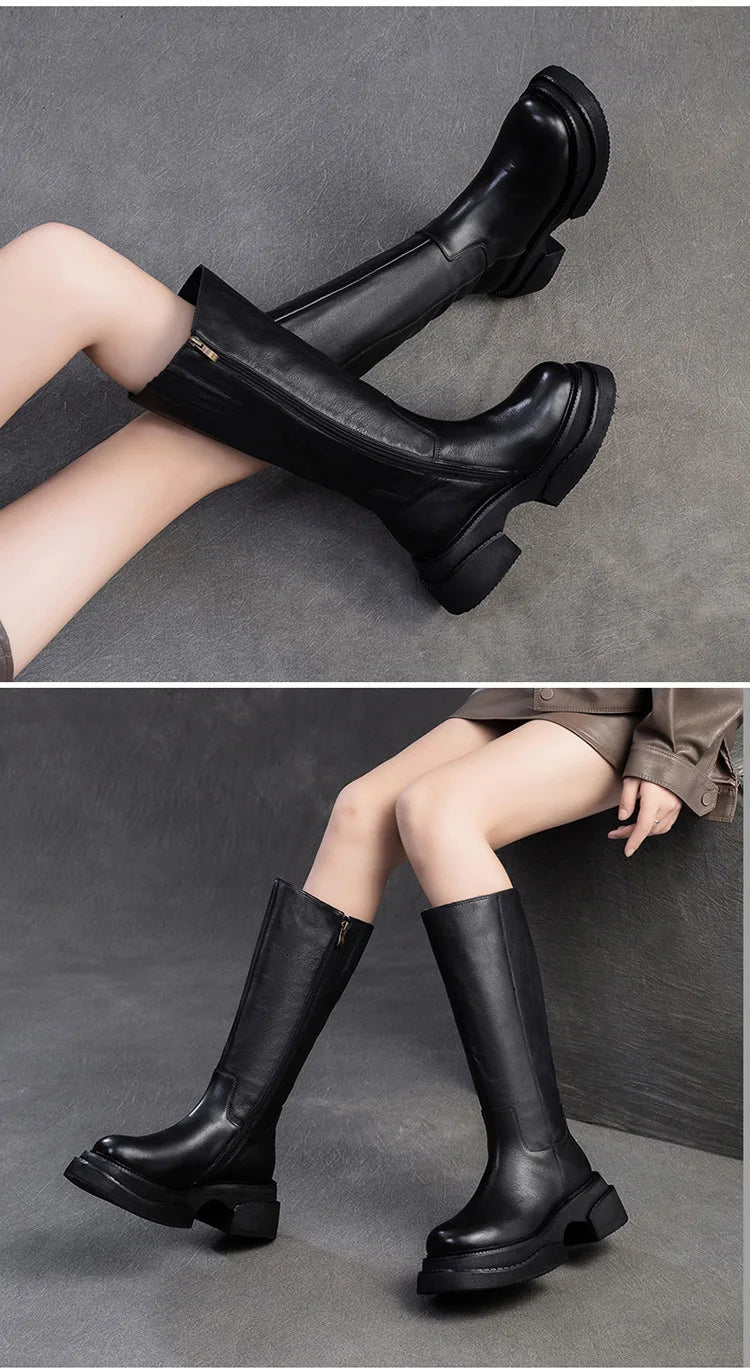 6.5cm Cow Genuine Leather Women Ankle Knee Motorcycle Booties Boots Chunky Heels Platform Wedge Shoes Chimney High ZIP Spring