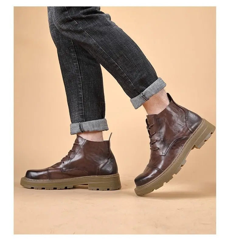 Motorcycle Boot British Style High-top Lace-up Ankle Boots Autumn Winter New Luxury Men's Genuine Leather Designer Shoes