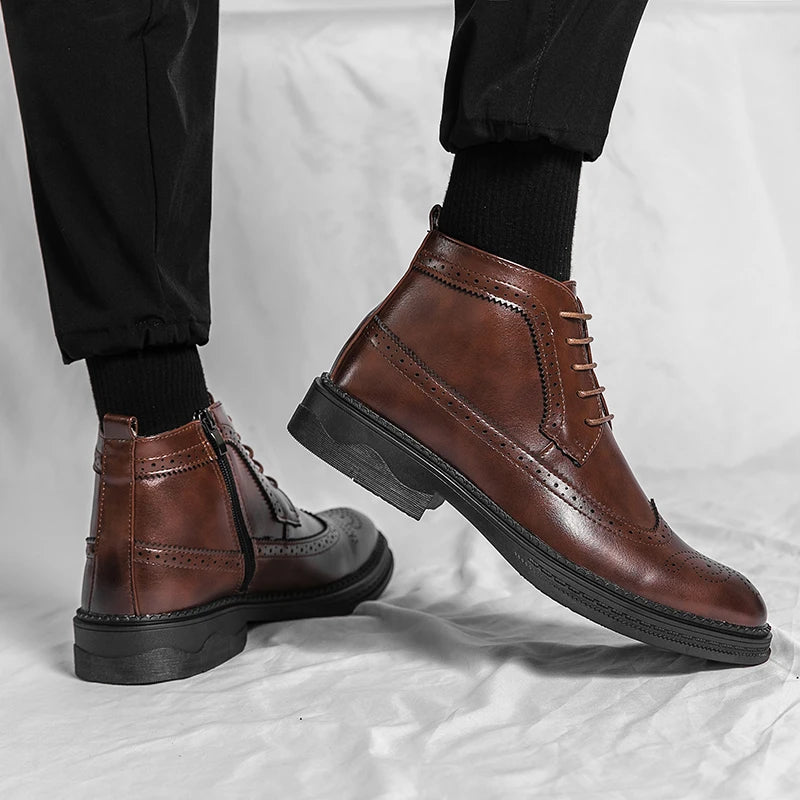 Stylish Casual Leather Ankle Boots for Men All-match Outdoor Man Motorcycle Boots Non-Slip Walking Shoes Sneakers High Top Botas