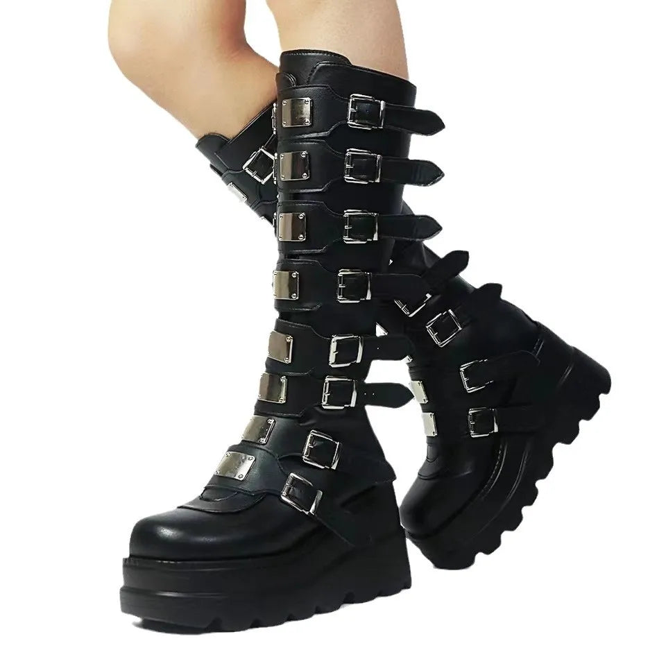 Gothic Long Boots for Women Platform Knee High Boots Punk Black Sexy Motorcycles Boots New Halloween Cosplay Women Shoes