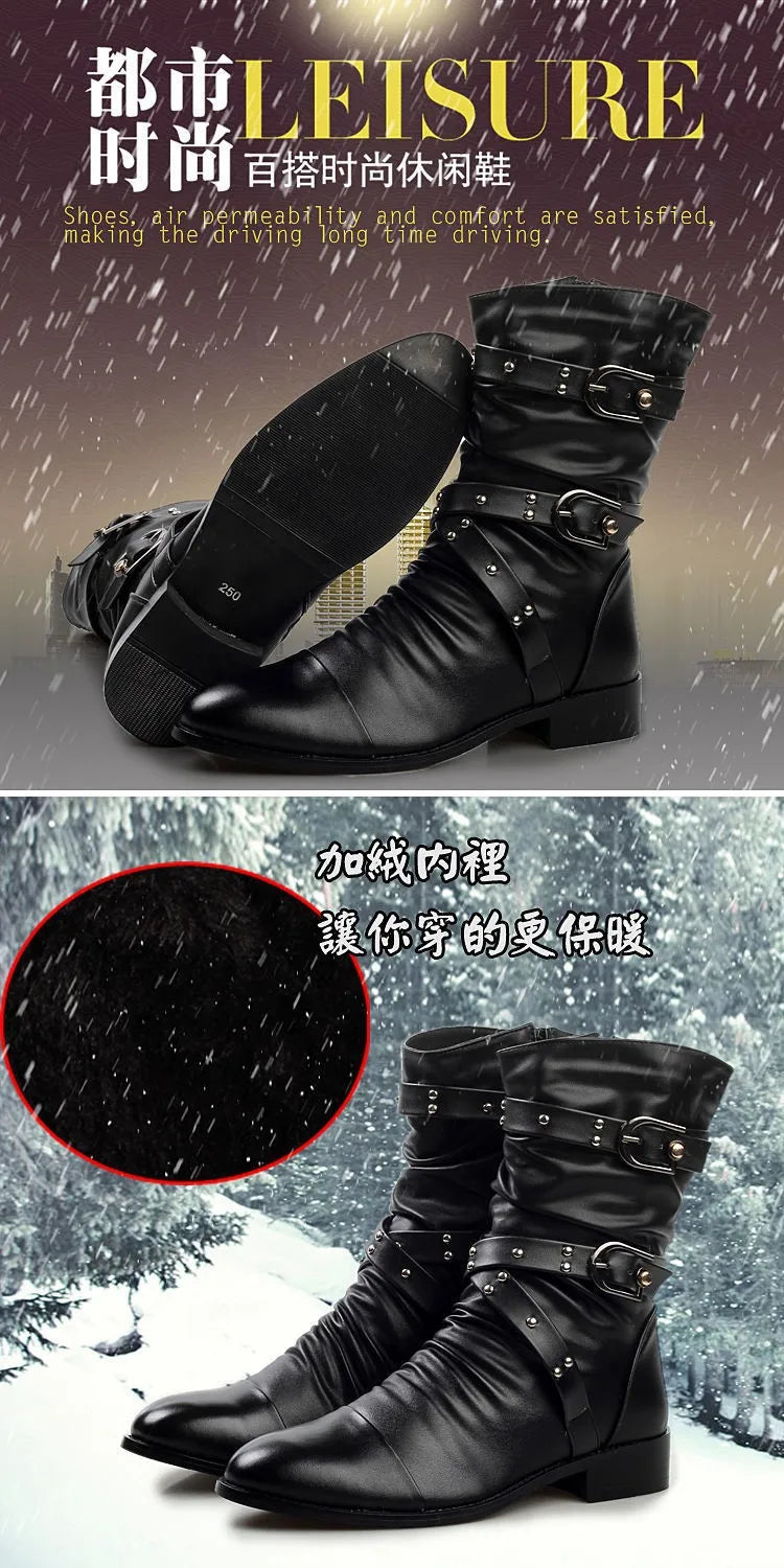 Winter Pointed Toe Men's Mid-calf Boots Buckle Strap Chelsea Boot for Men Leather Mens Motorcycle Boots High Top Man Winter Shoe