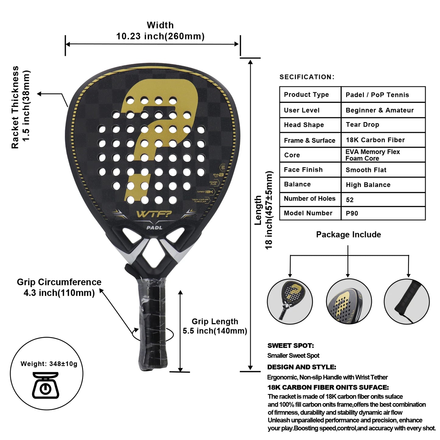 Full Carbon/3k/12k/18k/Fiberglass Padel Rackets Lightweight Surface Frosted Treatment High Quality Raquete Padel For Beginner
