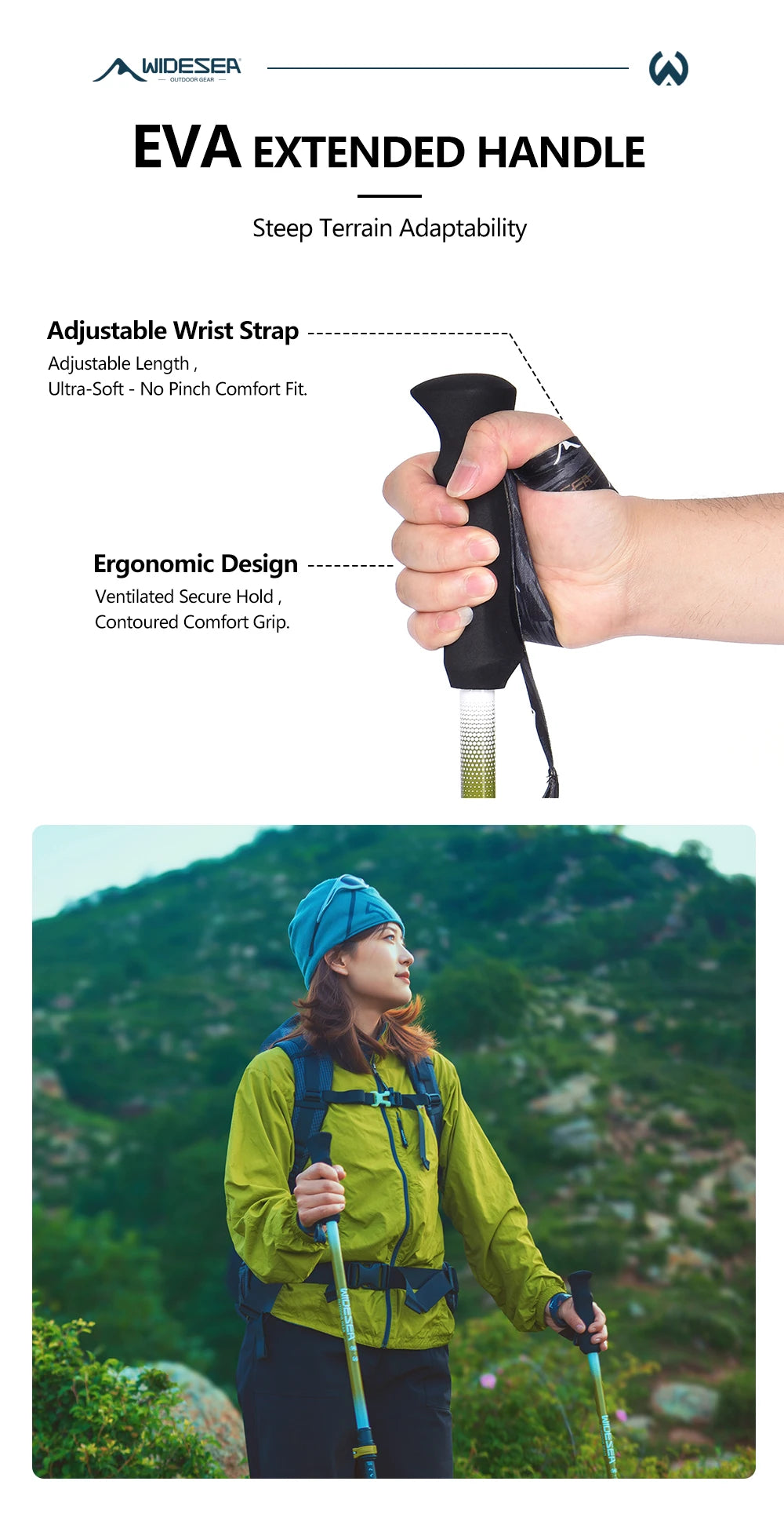 Widesea Trekking Poles 3section Telescopic Pole Carbon Installed Lock For Anti-slip Adjustment Portable Outdoor Walking Sticks