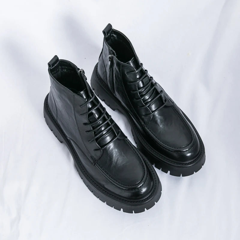 Fashion Men's Genuine Leather Casual Shoes Classic Outdoor Workwear Shoes Men's Motorcycle Boots Handsome Height Increasing