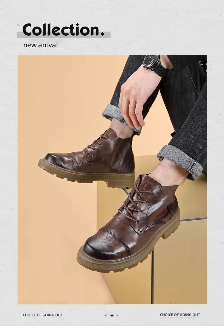 Motorcycle Boot British Style High-top Lace-up Ankle Boots Autumn Winter New Luxury Men's Genuine Leather Designer Shoes