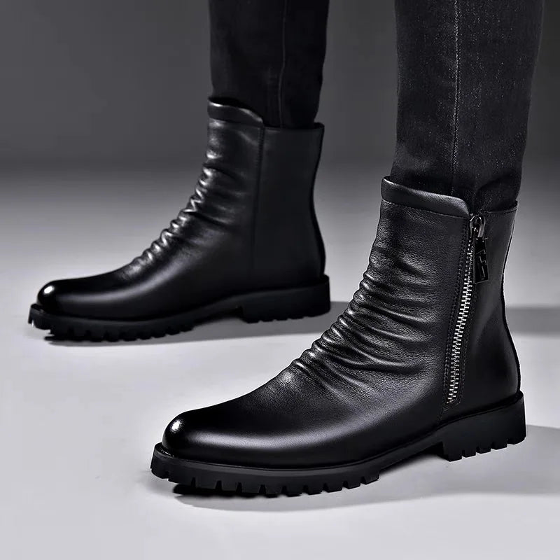 British style mens fashion autumn winter boots black stylish warm wool shoes cowboy genuine leather shoes high motorcycle botas