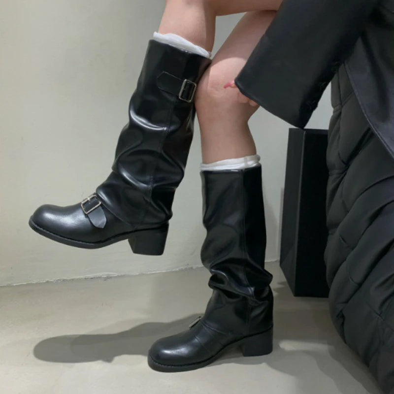 Woman Boots Knee High Platform Heels Trend Punk Gothic New Rock Leather Fashion Women Shoes Motorcycle Footwear Zapatos De Mujer