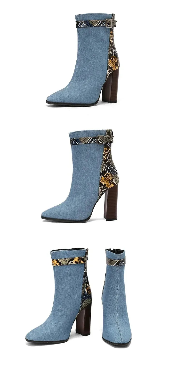 2025 Autumn New Fashion Mixed Color Lace Up Ankle Boots for Women Europe America Pointed Toe High Heel Big Size Shoes 45 46 47