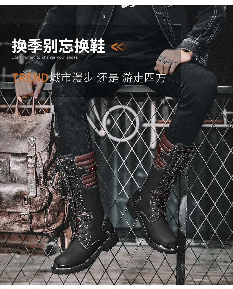Men Motorcycle Boots Fashion Mid-Calf Punk Rock Punk PU Leather Black High Top Mens Casual Boot Steel Toe Shoes Big Size 38-46