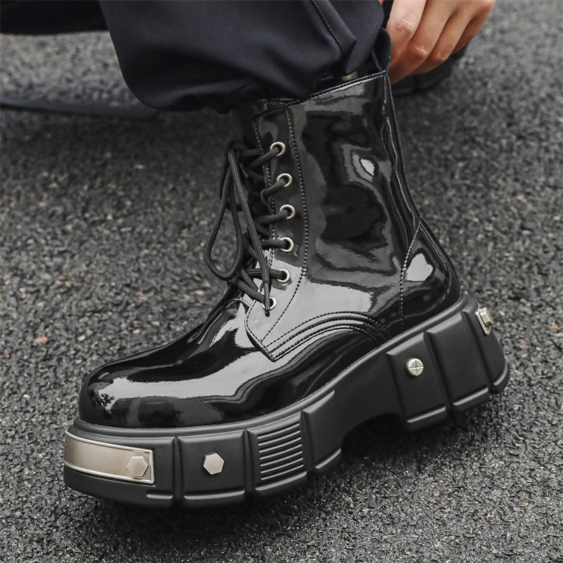 men's casual punk goth dress patent leather boots brand designer shoes cowboy platform boot cool long motorcycle botas masculina