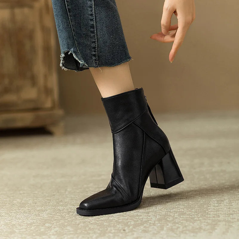 Woman Chunky Ankle Boots Women Zipper Retro Brown Soft Leather Short Boot Autumn New Square Toe Casual High Heel Booties Mujer