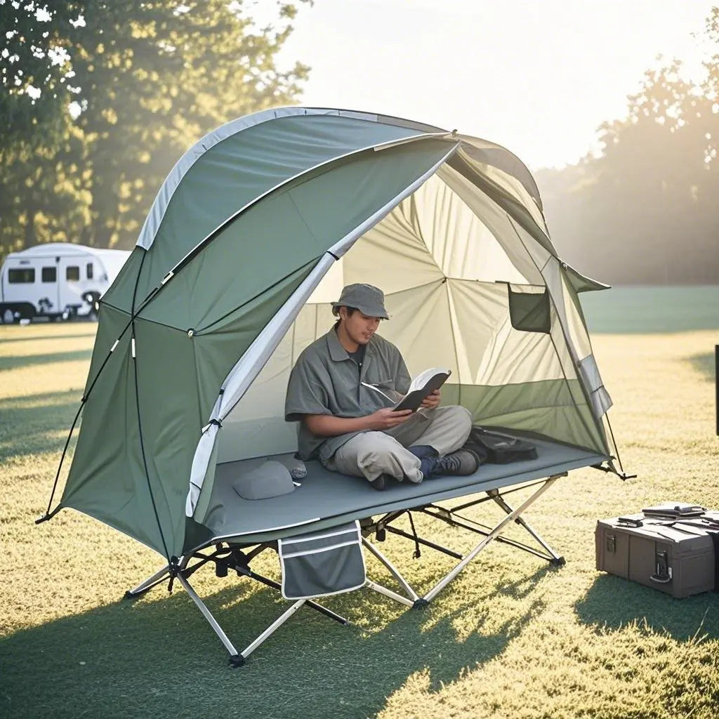 All-Season Camping Cot Tent 1-Person - Sturdy Cross-Braced Structure, for Fishing or Outdoor Activities,, Compact & Portable