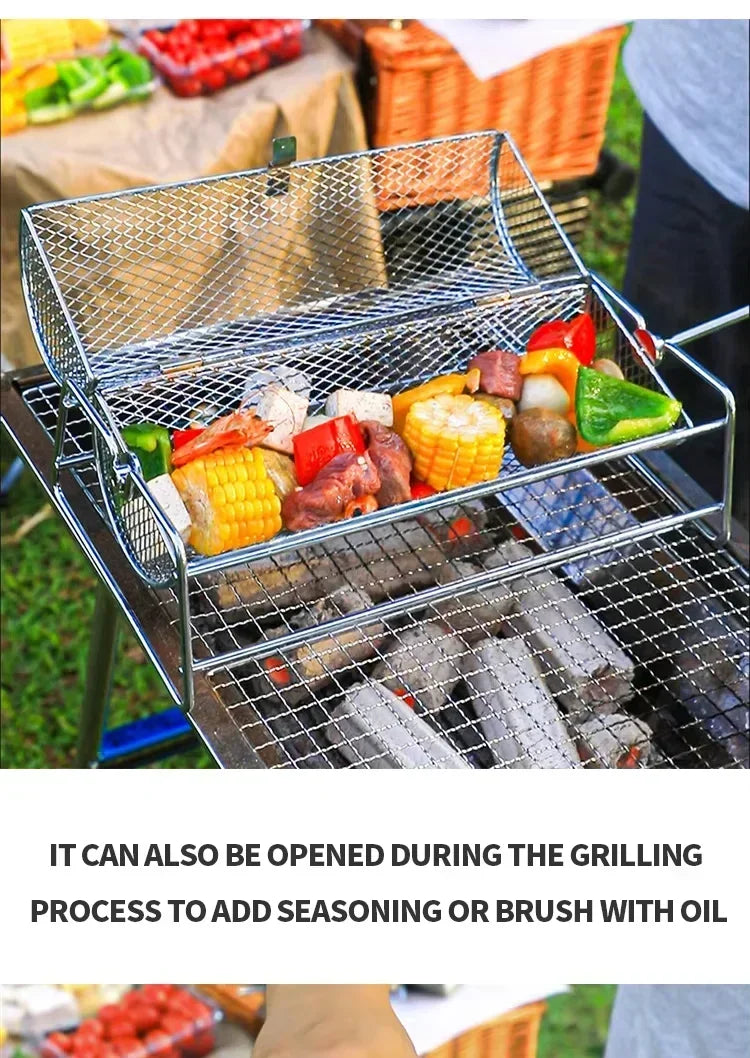 Stainless Steel Rolling BBQ Grill Manual Rotating Barbecue Cage with Base Rotisserie Basket Roll Barbecue Cage Outdoor Roaster