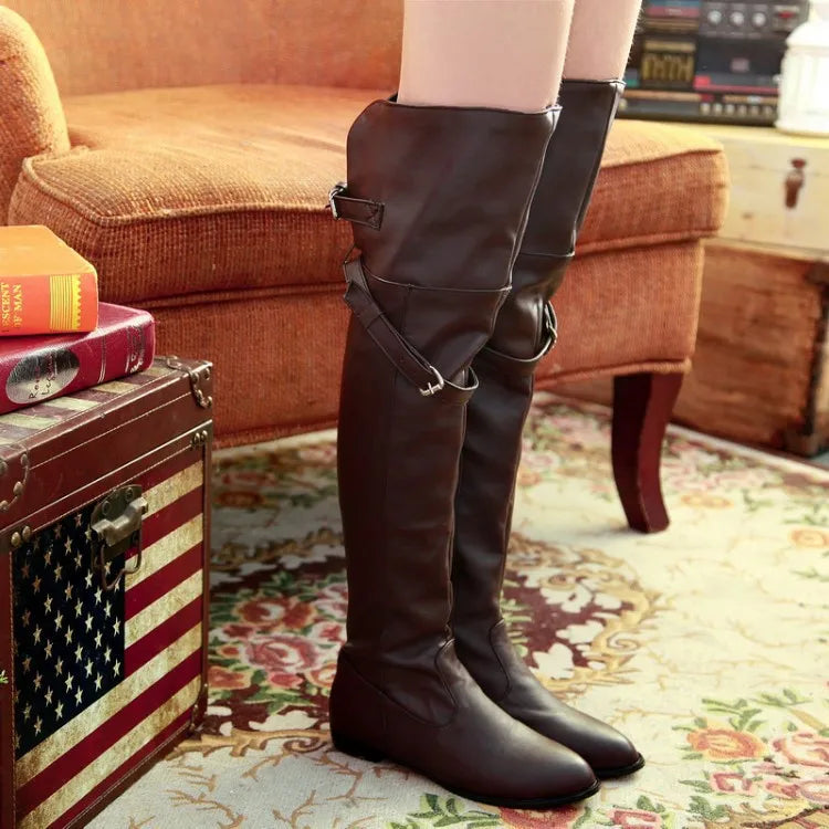 2024 Winter Elegant Women's Boot Over The Knee Street Style Knight 2.5CM New Belt Buckle Knee High Flat Knight Boots Women Shoes
