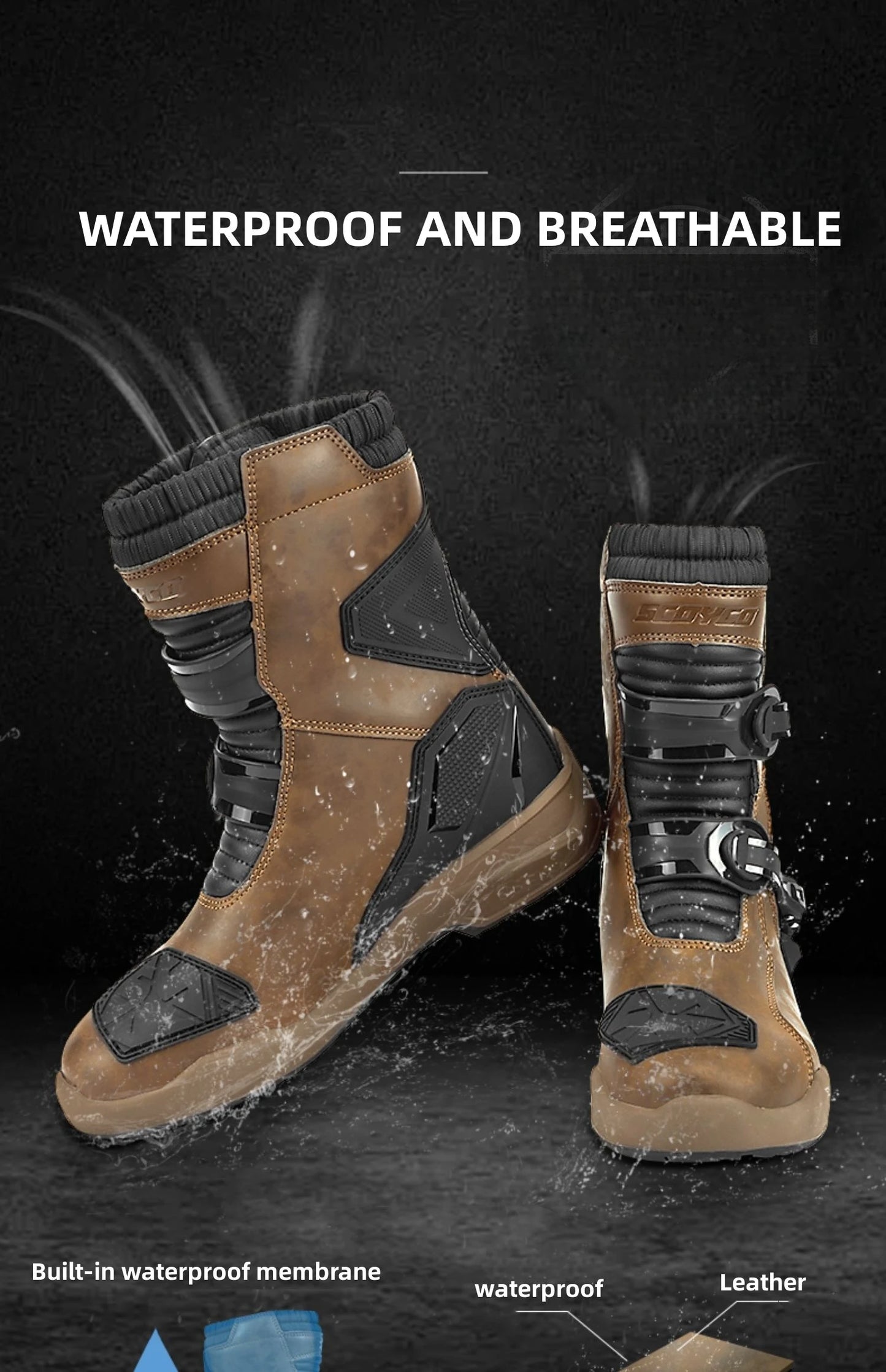 Scoyco Enduro Motorcycle Boots Waterproof Motorcyclist Botas Brown Leather Motocross Boots Off Road Racing Black For Men Knight