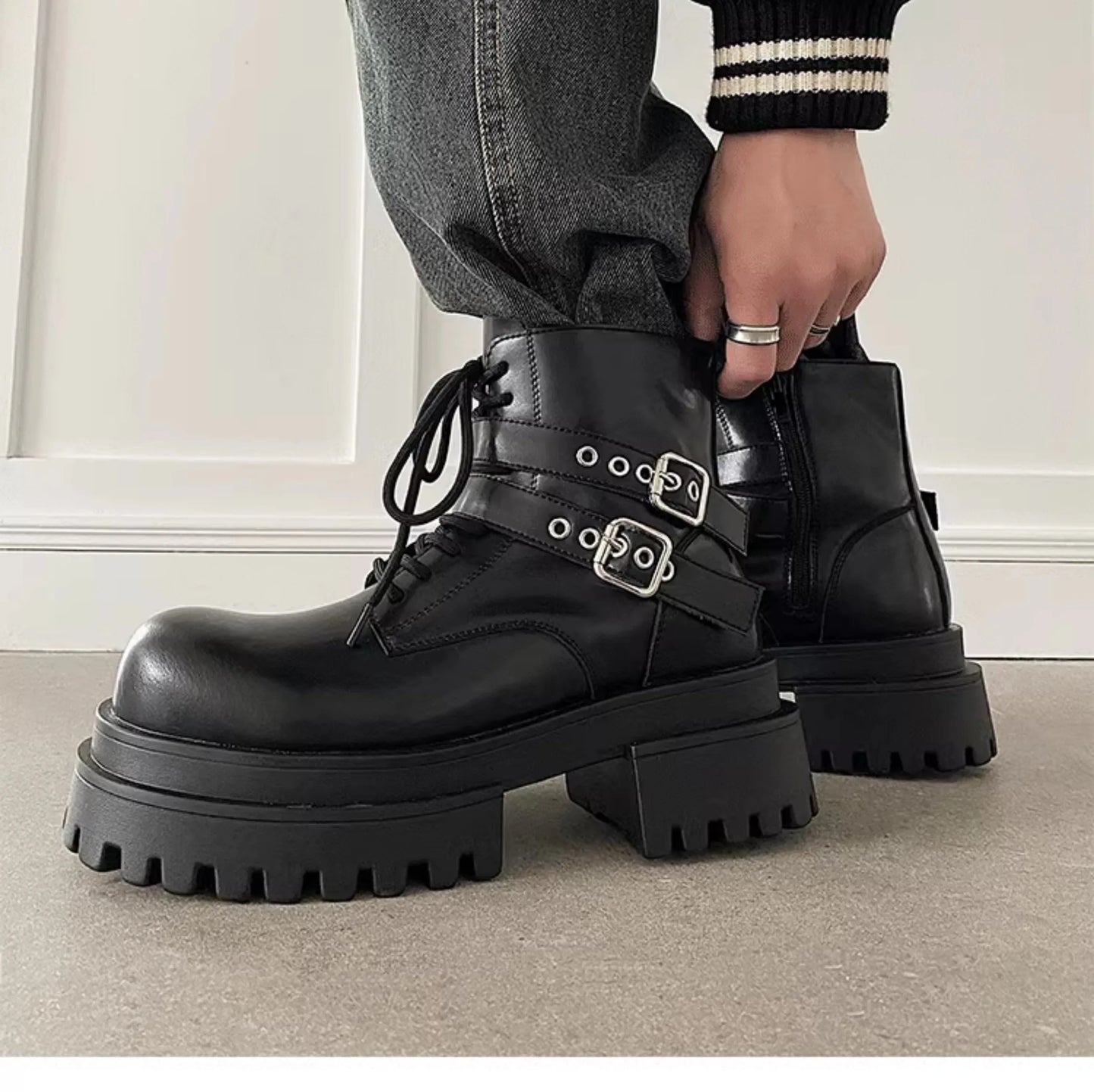 Height increased by 7CM short leather boots for men's dark punk functional motorcycle boots commuting buckle work clothes shoes