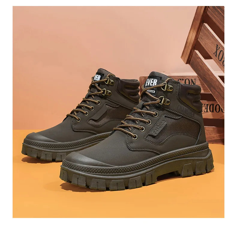 Men's Boots Fashion Motorcycle Ankle Boots High Top Casual Shoes for Men Lace Up Platform Boot Non Slip Hiking Boot Botas Hombre