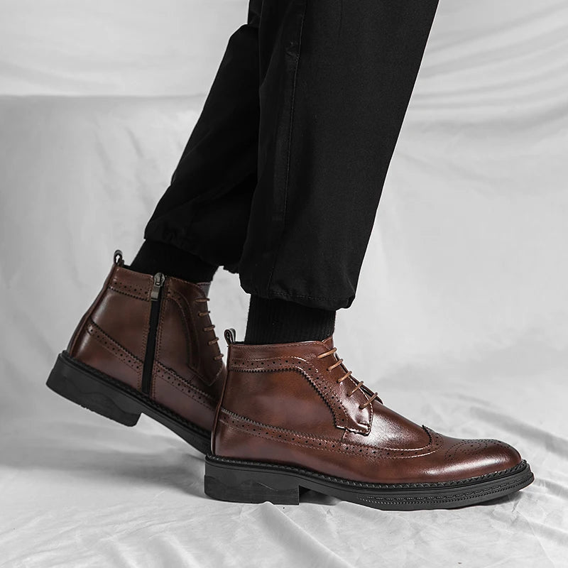 Stylish Casual Leather Ankle Boots for Men All-match Outdoor Man Motorcycle Boots Non-Slip Walking Shoes Sneakers High Top Botas