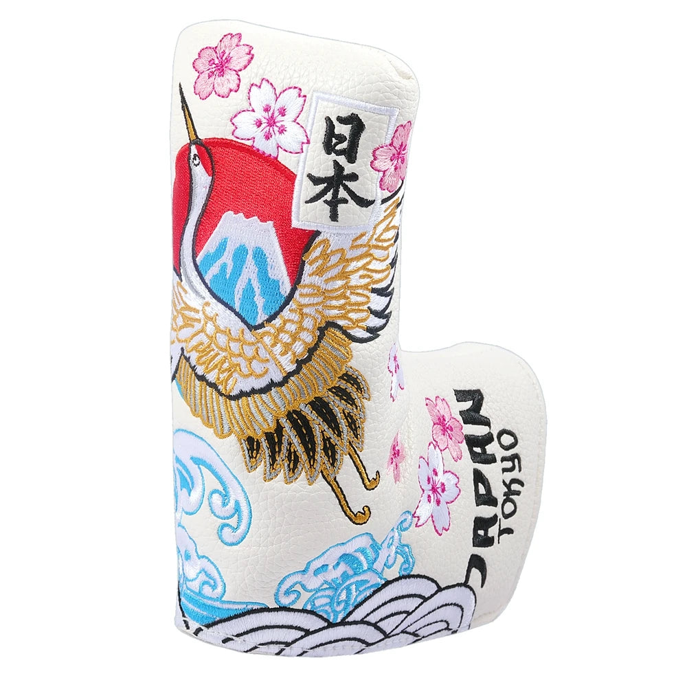 PU Leather Crane Japan Embroidery Magnetic Closure Golf Blade Putter Cover Golf Mid Mallet Putter Headcover