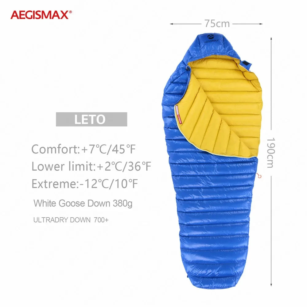 AEGISMAX LETO Outdoors White Goose Down Sleeping Bag Waterproof Camping Travel 36℉~45℉ Small Packing Down Sleeping Bag FP700+