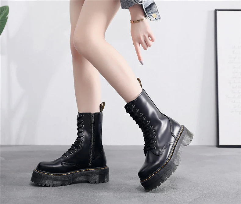 Women Boots Genuine Leather Platform Boots Motorcycle Designer Shoes Woman Zipper Optical Soles Fashion Sexy Punk Long Boots 39