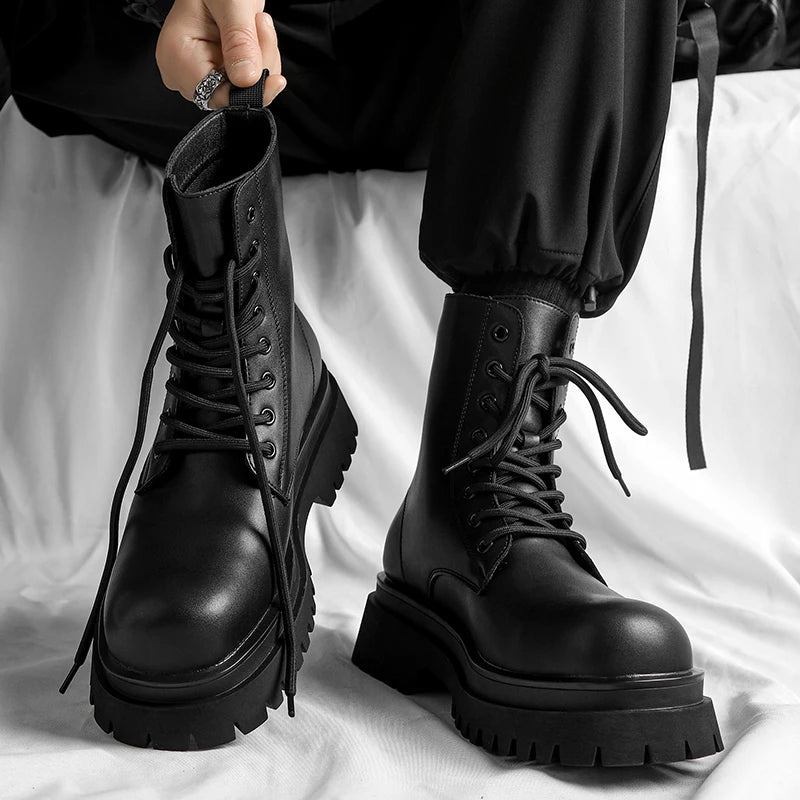 British style men luxury fashion platform boots lace-up genuine leather shoes cowboy chunky boot handsome high motorcycle botas