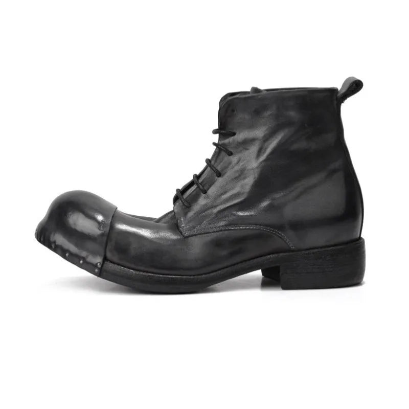 Retro Horsehide Genuine Leather Mens Boots Handmade Lace Up High Top Work Cargo Shoes High Quality Motorcycle Short Boots Male