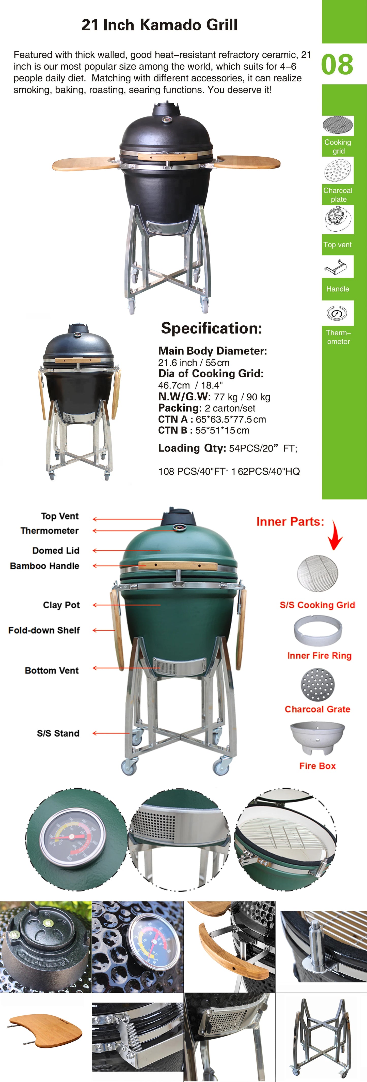 Auplex Manufacturer Hot Sale 21 Inch Kamado Outdoor BBQ Kitchen Camping Charcoal BBQ Grill