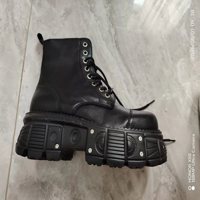 Omet Dark Motorcycle Heavy Metal Platform Cross-border Boots Women 2024 Spring New Female Punk Small Leather Shoes Men