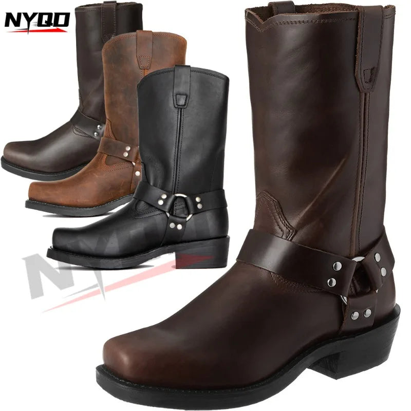Vintage Men's Cowboy Boots Belt Buckle Ring High Top Motorcycle Boots Men Shoes Fashion Square Toe Warm Boots
