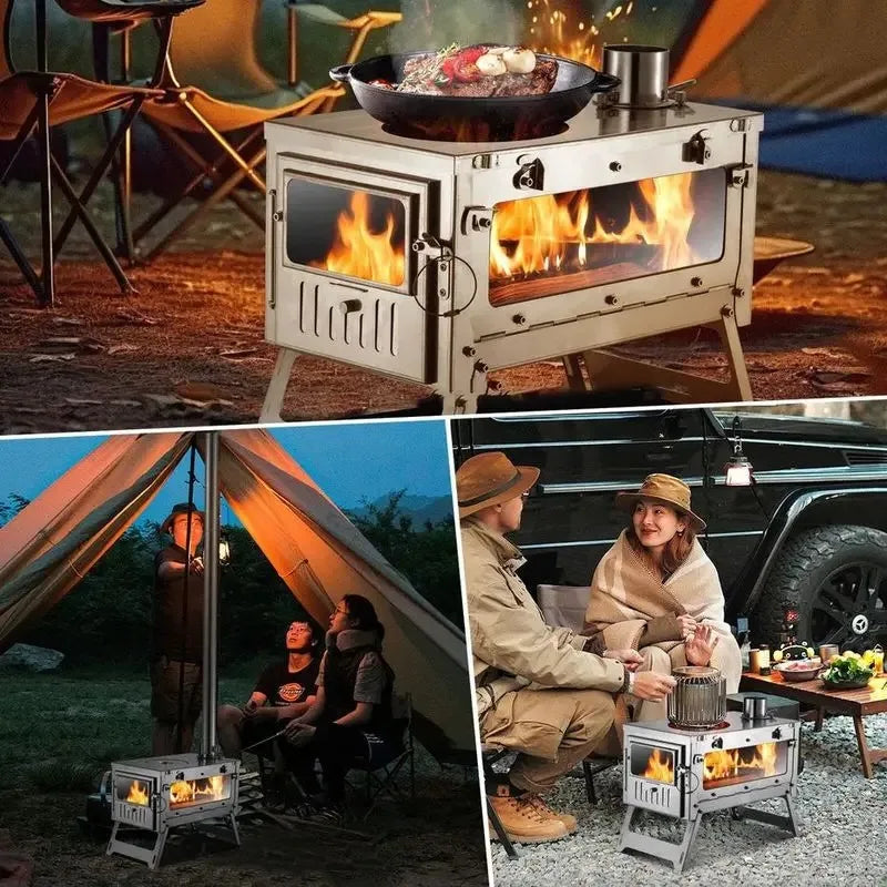 Stainless Steel Portable Tent Stove Foldable with Side Glass Chimney Burner Camping Wood Stove Heating Cooking Grill
