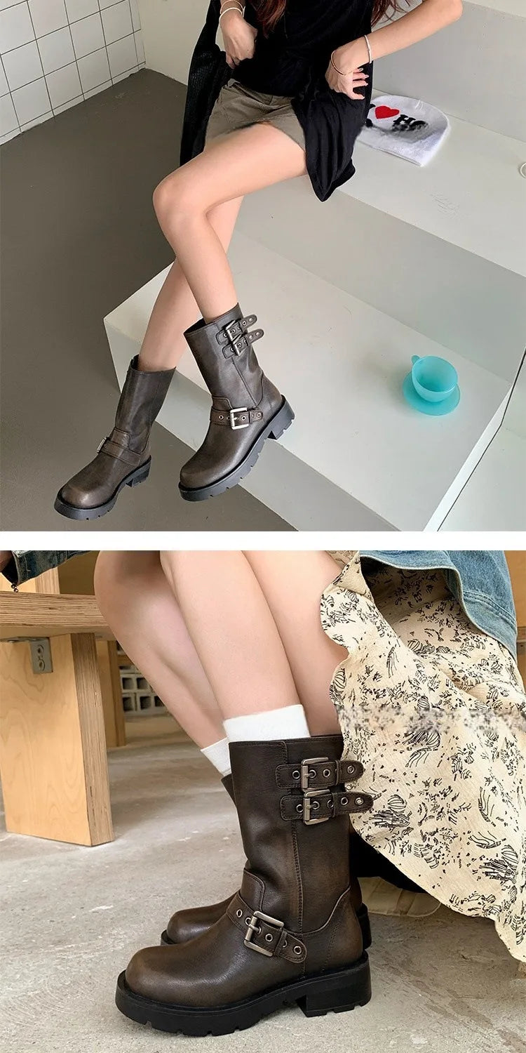 Spring and Autumn Women Boots Retro Platform Boots 2024 Round Toe Solid Color Low Heel Short Buckle Casual Women's Fashion Boots