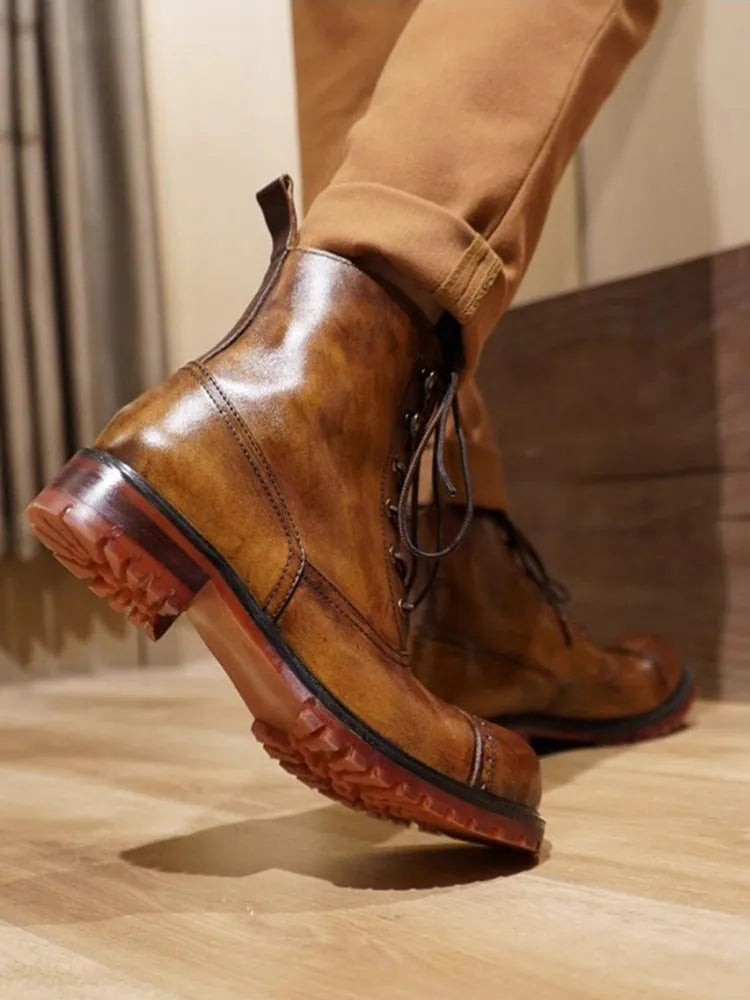 Vintage Mens Round Toe Lace Up High Top Work Safety Shoes Cowhide Genuine Leather Ankle Boots British Motorcycle Riding Boots 45