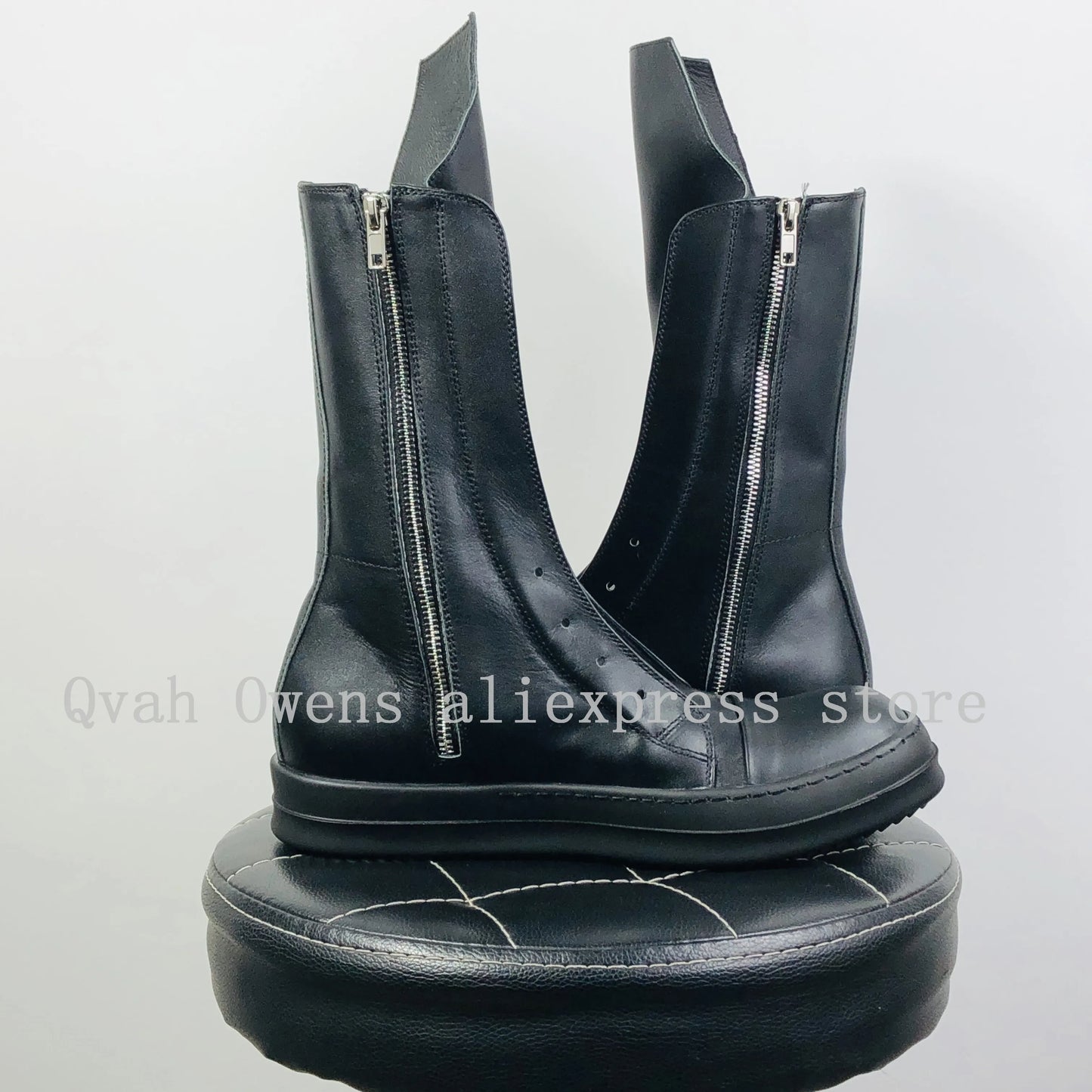 Men Casual High Top Boots Genuine Leather Luxury Trainers Lace Up Women Sneakers Zip High Street Autumn Flats Black Shoes