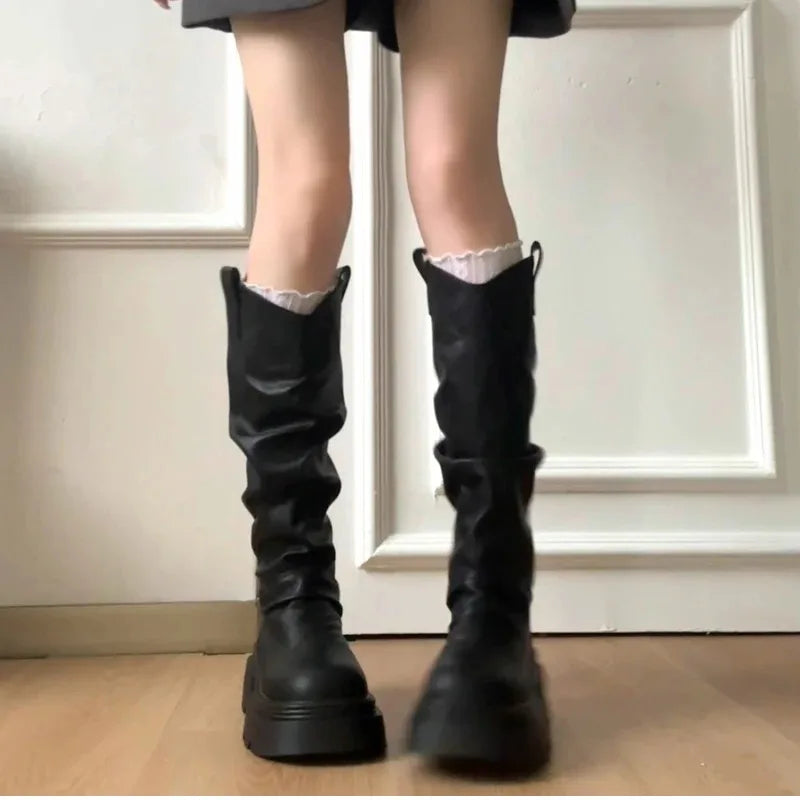 Size 35-42 Big Round Toe Punk Block Heel Motorcycle Boots Platform Lace-Up Mid Calf Work Boots Cool Fashion Boot