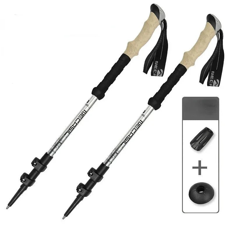 2 high-end hiking sticks, imitation cork handles, three-section telescopic ultra-light alloy sticks with external locks