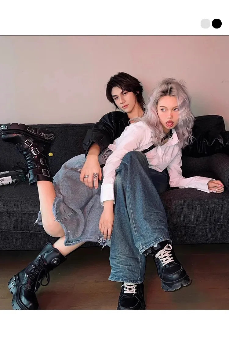 Unisex Genuine Leather Motorcycle Boots Skull Gothic Punk Cowboy Boots Women Men Metal Decoration Platform Combat Mid-calf Boots