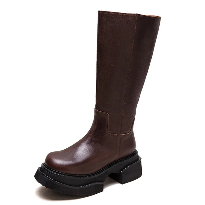 6.5cm Cow Genuine Leather Women Ankle Knee Motorcycle Booties Boots Chunky Heels Platform Wedge Shoes Chimney High ZIP Spring