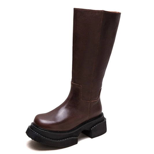 6.5cm Cow Genuine Leather Women Ankle Knee Motorcycle Booties Boots Chunky Heels Platform Wedge Shoes Chimney High ZIP Spring