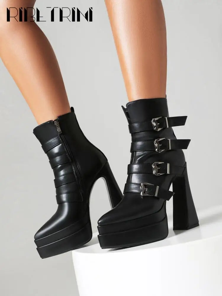 Platform Women Boots Pounted Toe High Heeled Double Platform Shoes Ankle Buckle Punk Goth Cool Fashion Brand Winter Boots Woman
