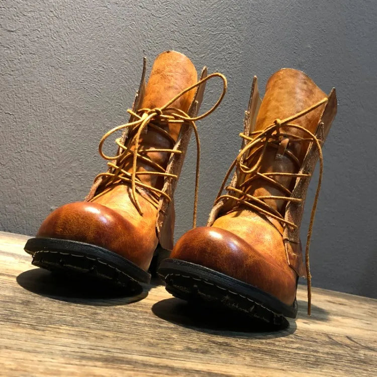 Handmade Vintage Round Toe Mens High Top Work Safety Shoes Cowhide Genuine Leather Ankle Boots Lace Up Motorcycle Riding Boots