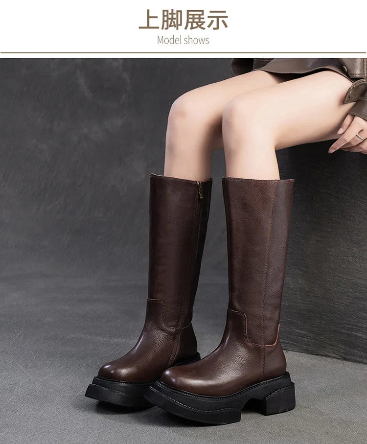 6.5cm Cow Genuine Leather Women Ankle Knee Motorcycle Booties Boots Chunky Heels Platform Wedge Shoes Chimney High ZIP Spring