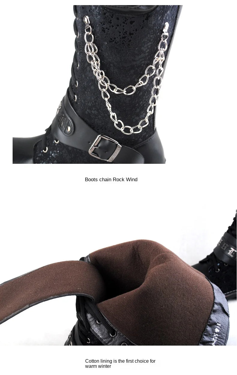 Men Motorcycle Boots  Knee High Boots Low Heels Knight Shoe man Vintage Boots male zapatos,Combat Boots Gothic Skull Punk Boots