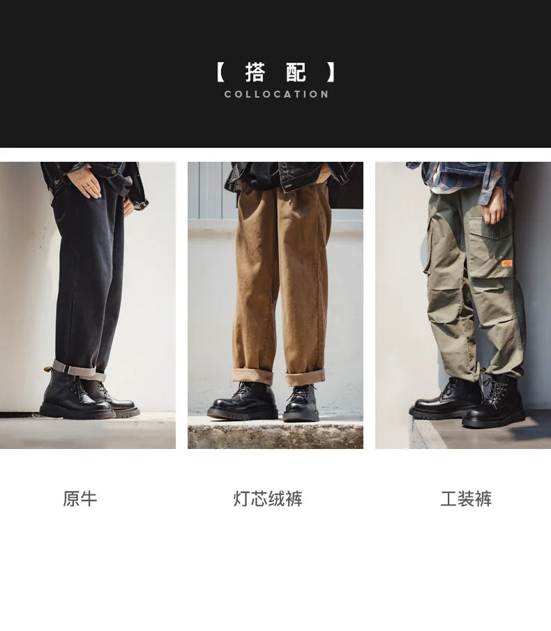 Maden Men's Handmade Cowboy Boots Black Motorcycle Boot British Split Leather TPR Sole Work Safety Boot Mid Outside Shoes