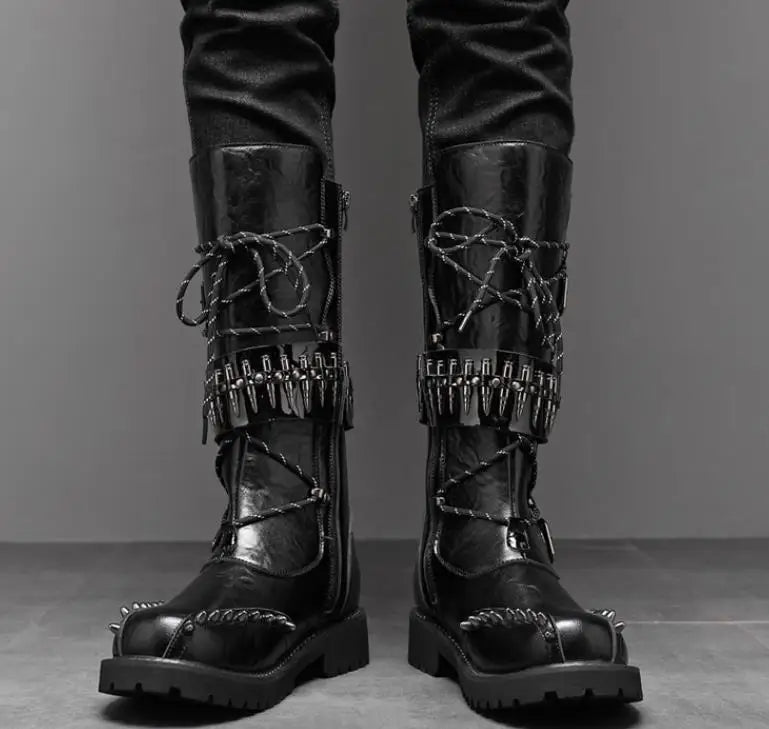 Round Toe Metal Decorations Belt Buckle men Boots Thick Sole Flats Black Zipper Fashion Punk Gothic  Equestrian Motocycle Boots