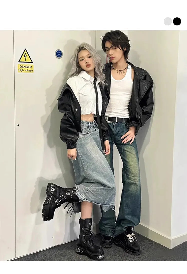 Unisex Genuine Leather Motorcycle Boots Skull Gothic Punk Cowboy Boots Women Men Metal Decoration Platform Combat Mid-calf Boots